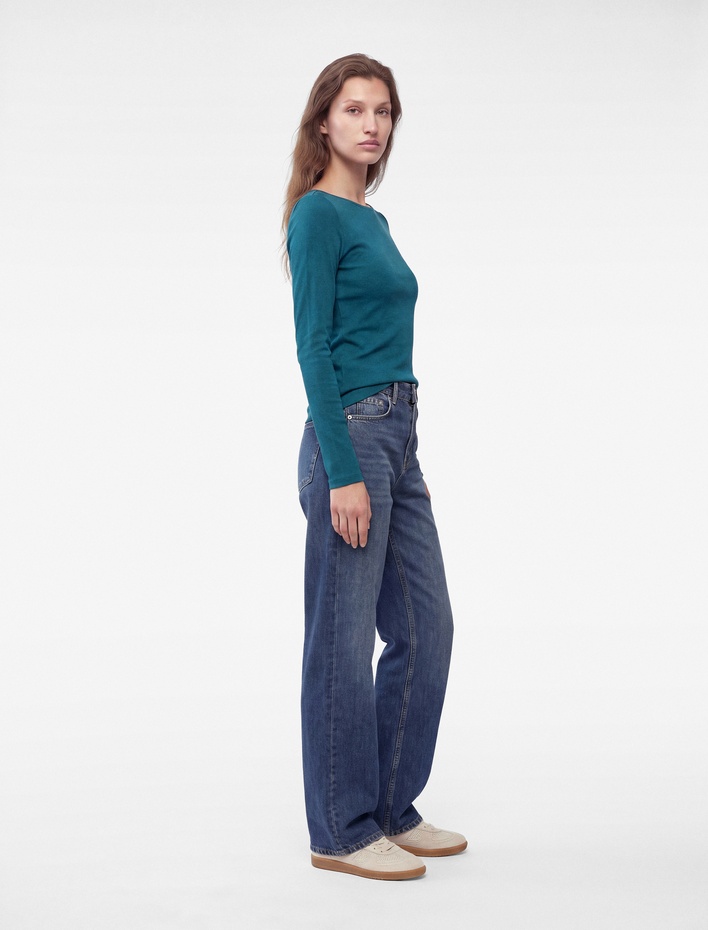  Slim Fit Pamuklu Kayık Yaka Uzun Kollu Basic Bluz