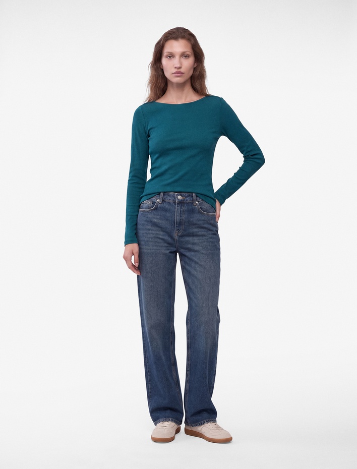  Slim Fit Pamuklu Kayık Yaka Uzun Kollu Basic Bluz