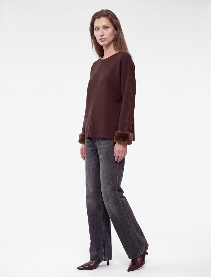  Bisiklet Yaka Uzun Kollu Suni Kürklü Oversize Sweatshirt