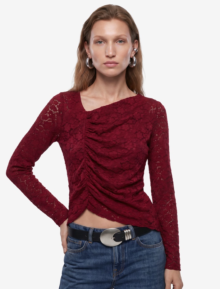  Uzun Kollu Slim Fit Drapeli Asimetrik Yaka Dantel Bluz