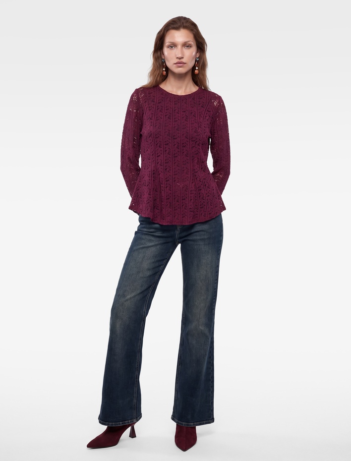  Slim Fit Uzun Kollu Yuvarlak Yaka Peplum Dantel Tişört