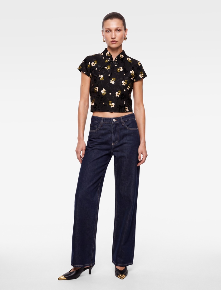  Süslü Düğmeli Kısa Kollu Çiçek Desenli Dik Qipao Yaka Crop Bluz