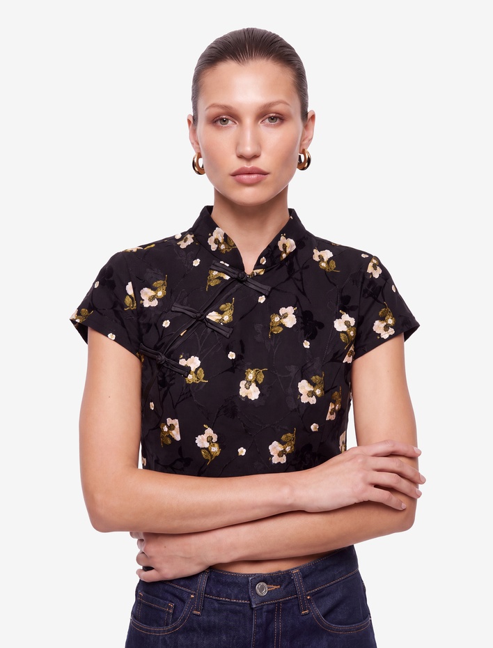  Süslü Düğmeli Kısa Kollu Çiçek Desenli Dik Qipao Yaka Crop Bluz