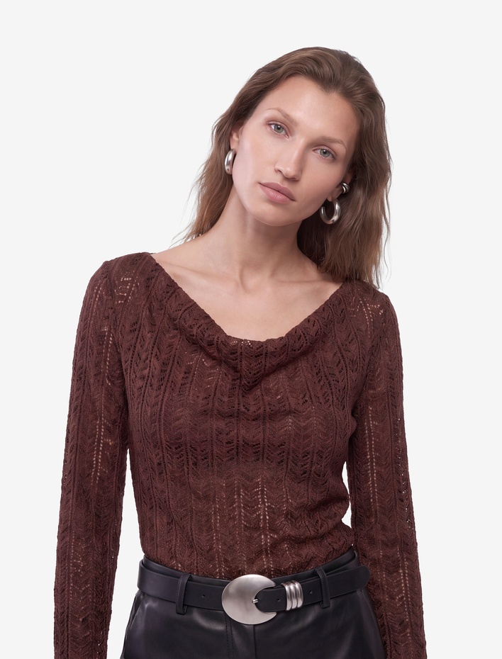  Degaje Yaka Dantel Tişört Yarı Transparan Slim Fit Uzun Kollu