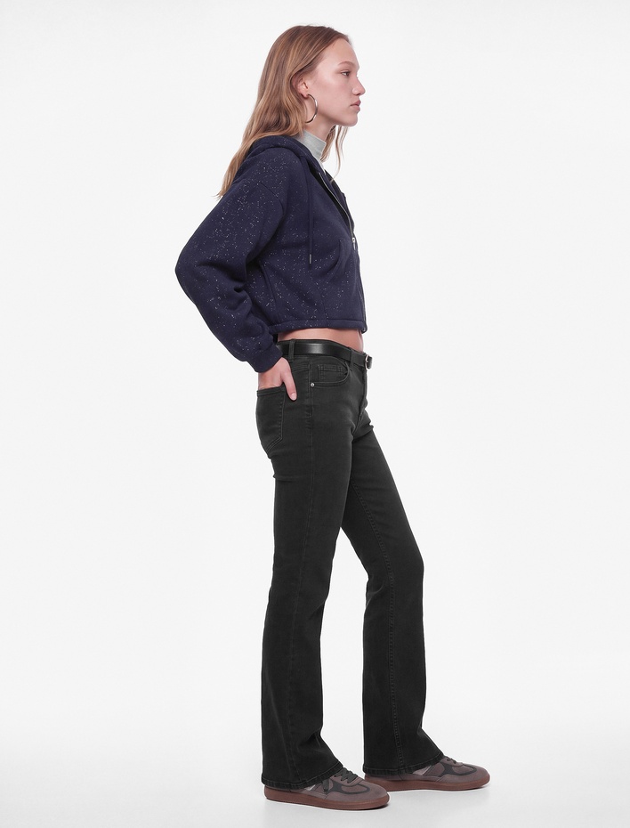  Kapüşonlu Crop Dansçı Sweatshirt Simli Arkası Baskılı Fermuarlı Cepli