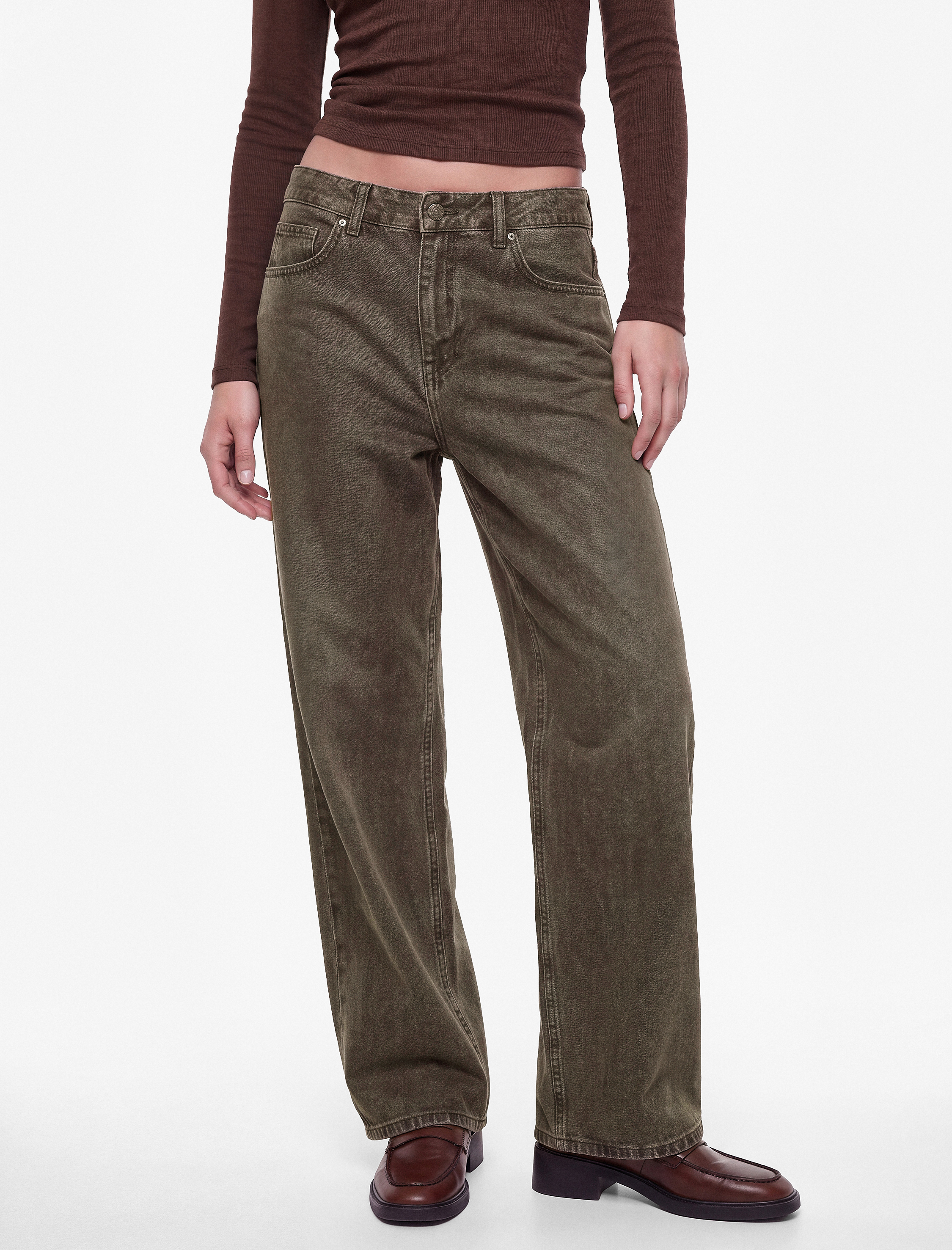   Düşük Bel Cepli Bol Kesim Pamuklu Düz Paça Yıkamalı Denim Pantolon - Loose Straight Fit Jean
