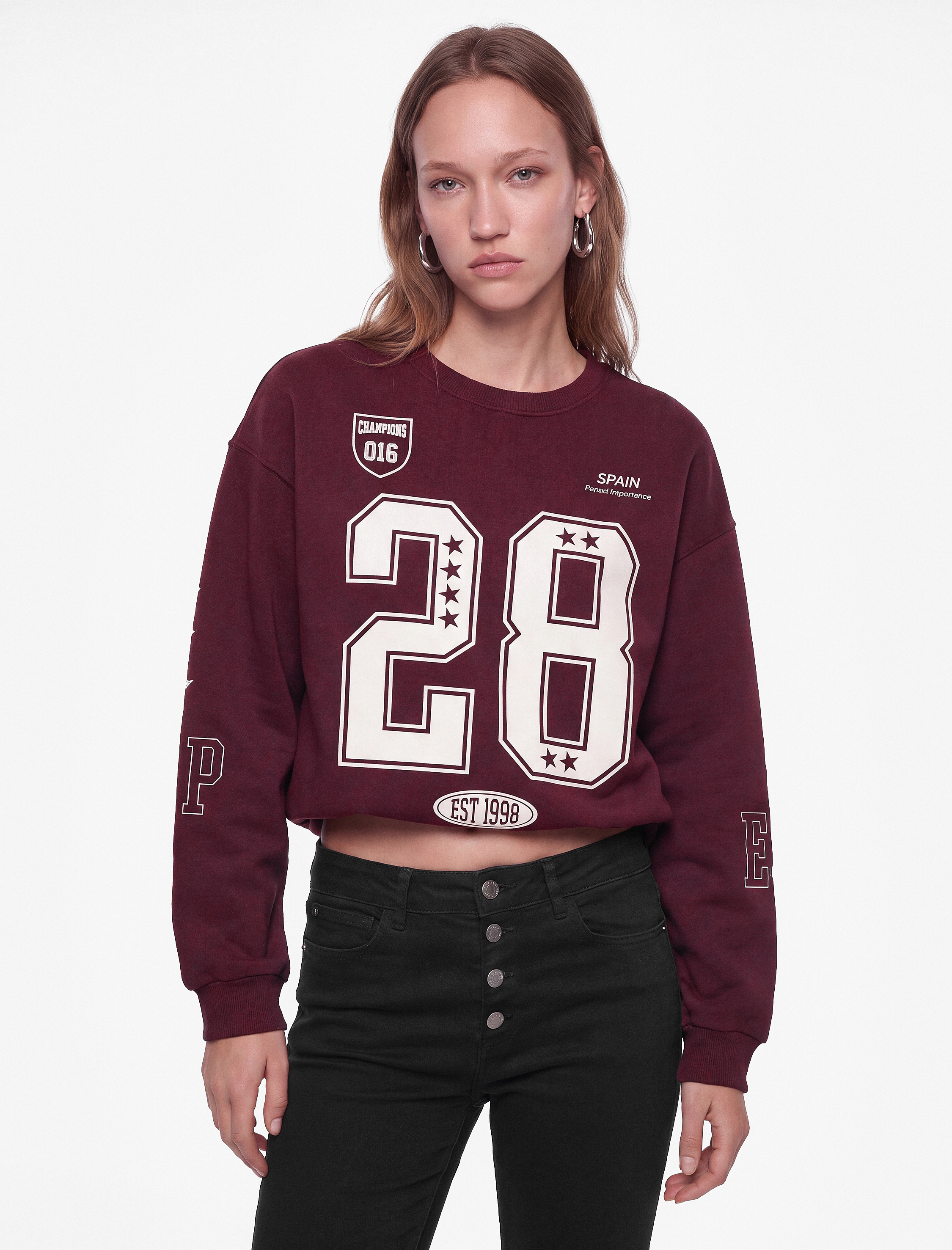  Şardonlu Rahat Kalıp Bisiklet Yaka Uzun Kollu Kolej Baskılı Sweatshirt