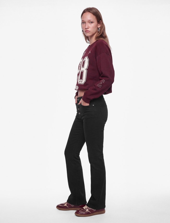  Şardonlu Rahat Kalıp Bisiklet Yaka Uzun Kollu Kolej Baskılı Sweatshirt
