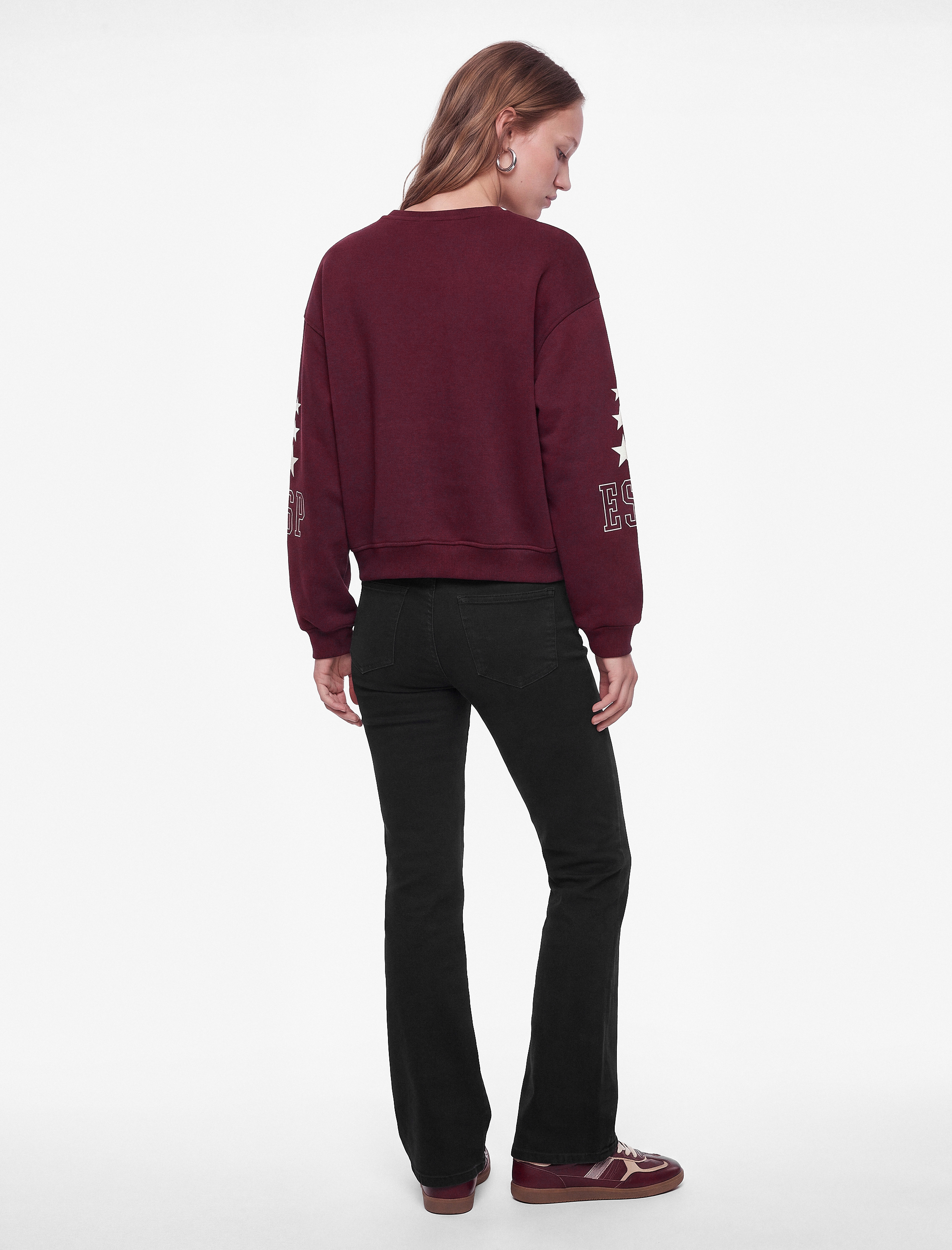   Şardonlu Rahat Kalıp Bisiklet Yaka Uzun Kollu Kolej Baskılı Sweatshirt