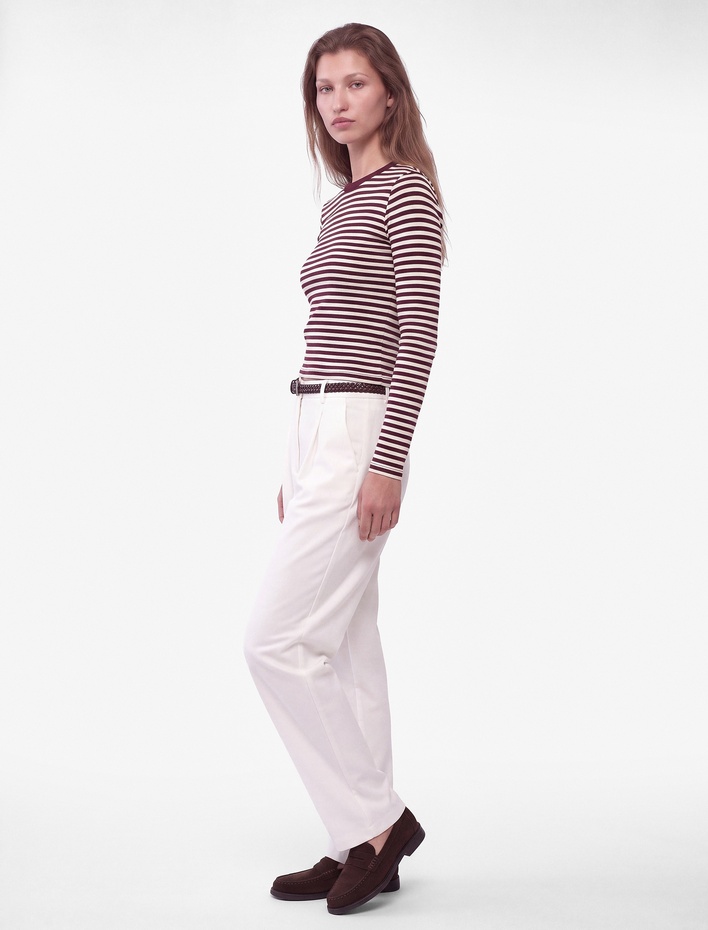  Pamuklu Slim Fit Bisiklet Yaka Uzun Kollu Çizgili Tişört