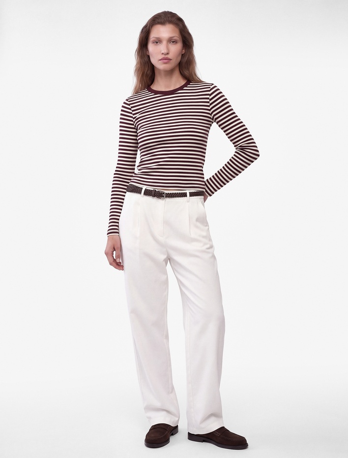  Pamuklu Slim Fit Bisiklet Yaka Uzun Kollu Çizgili Tişört
