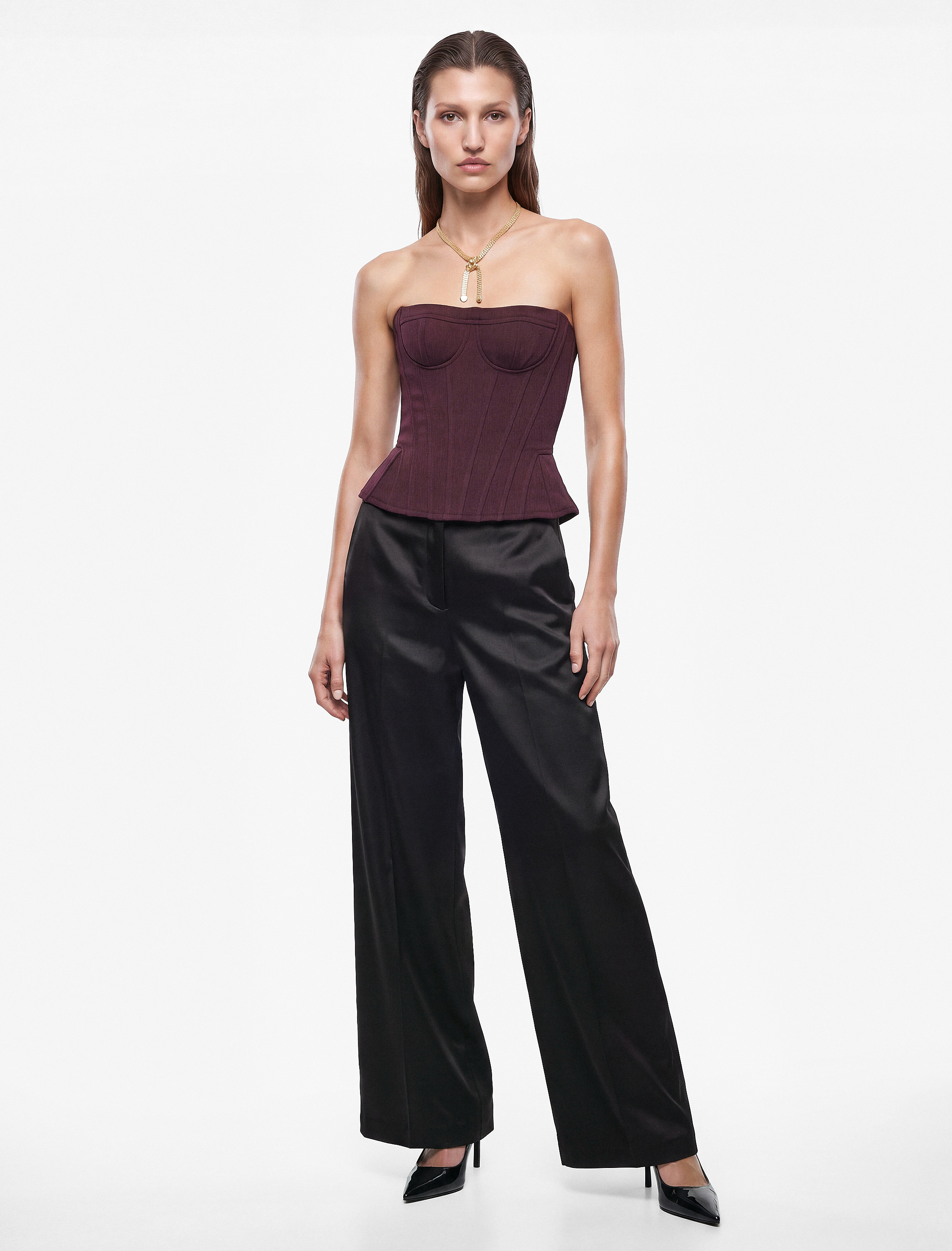   Slim Fit Dikiş Detaylı Peplum Straplez Korse Büstiyer Bluz