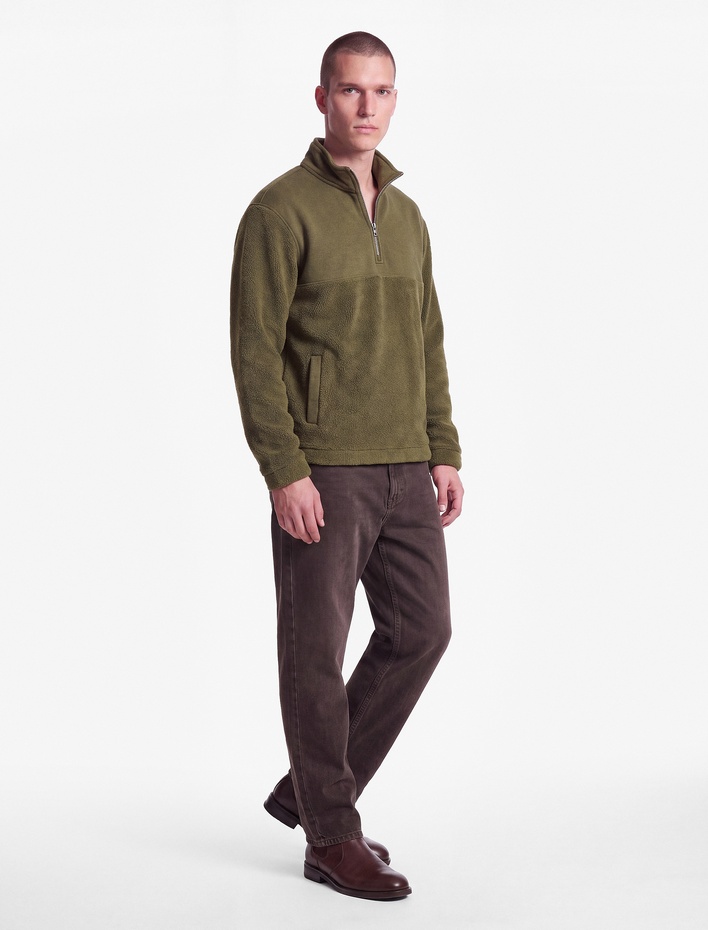  Uzun Kollu Kumaş Detaylı Yarım Fermuarlı Polar Sweatshirt