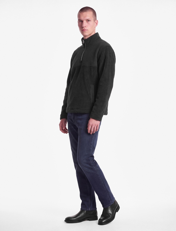  Uzun Kollu Kumaş Detaylı Yarım Fermuarlı Polar Sweatshirt