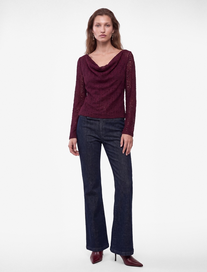  Degaje Yaka Dantel Tişört Yarı Transparan Slim Fit Uzun Kollu