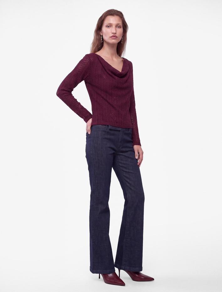  Degaje Yaka Dantel Tişört Yarı Transparan Slim Fit Uzun Kollu