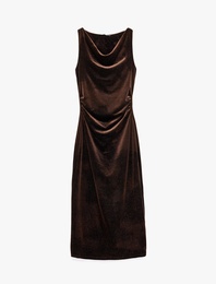Slim Fit Kolsuz Degaje Yaka Drapeli Bodycon Simli Kadife Elbise