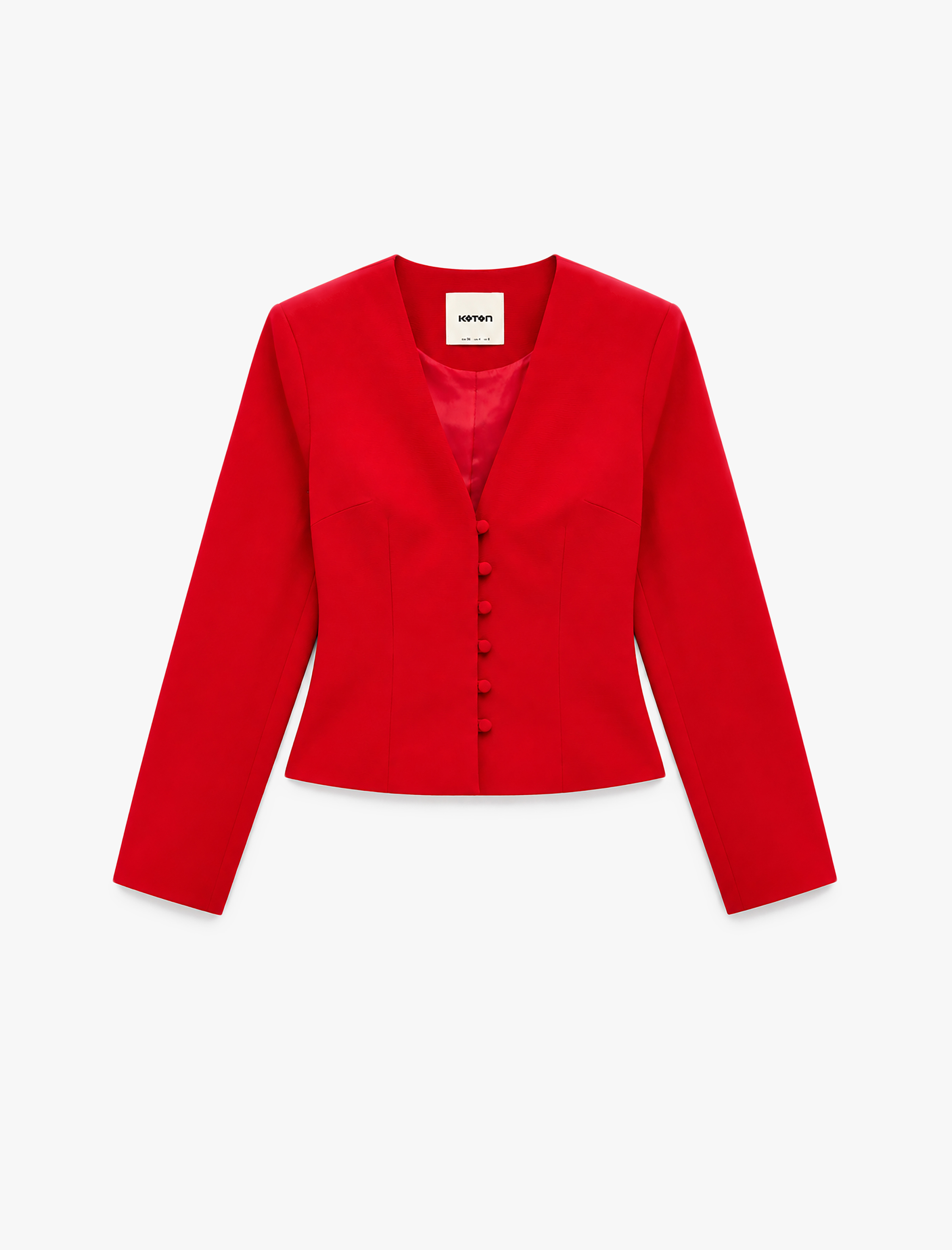   Koton X Sibil Çetinkaya - Düğmeli Belden Oturtmalı V Yaka Ceket Slim Fit Krep Kumaş