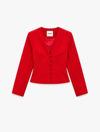 Koton X Sibil Çetinkaya - Düğmeli Belden Oturtmalı V Yaka Ceket Slim Fit Krep Kumaş