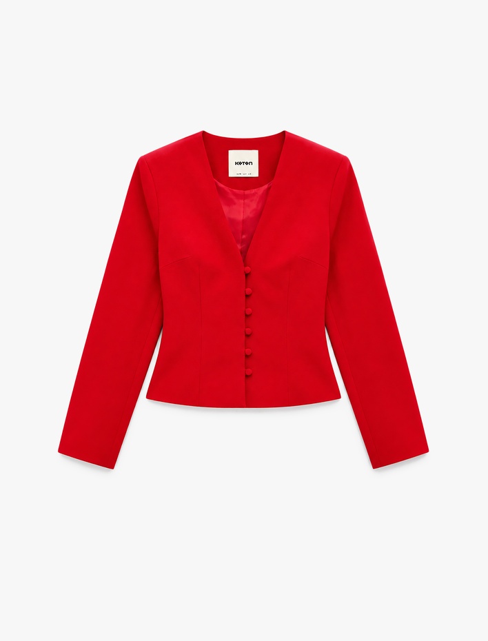  Koton X Sibil Çetinkaya - Düğmeli Belden Oturtmalı V Yaka Ceket Slim Fit Krep Kumaş