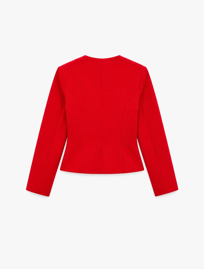  Koton X Sibil Çetinkaya - Düğmeli Belden Oturtmalı V Yaka Ceket Slim Fit Krep Kumaş