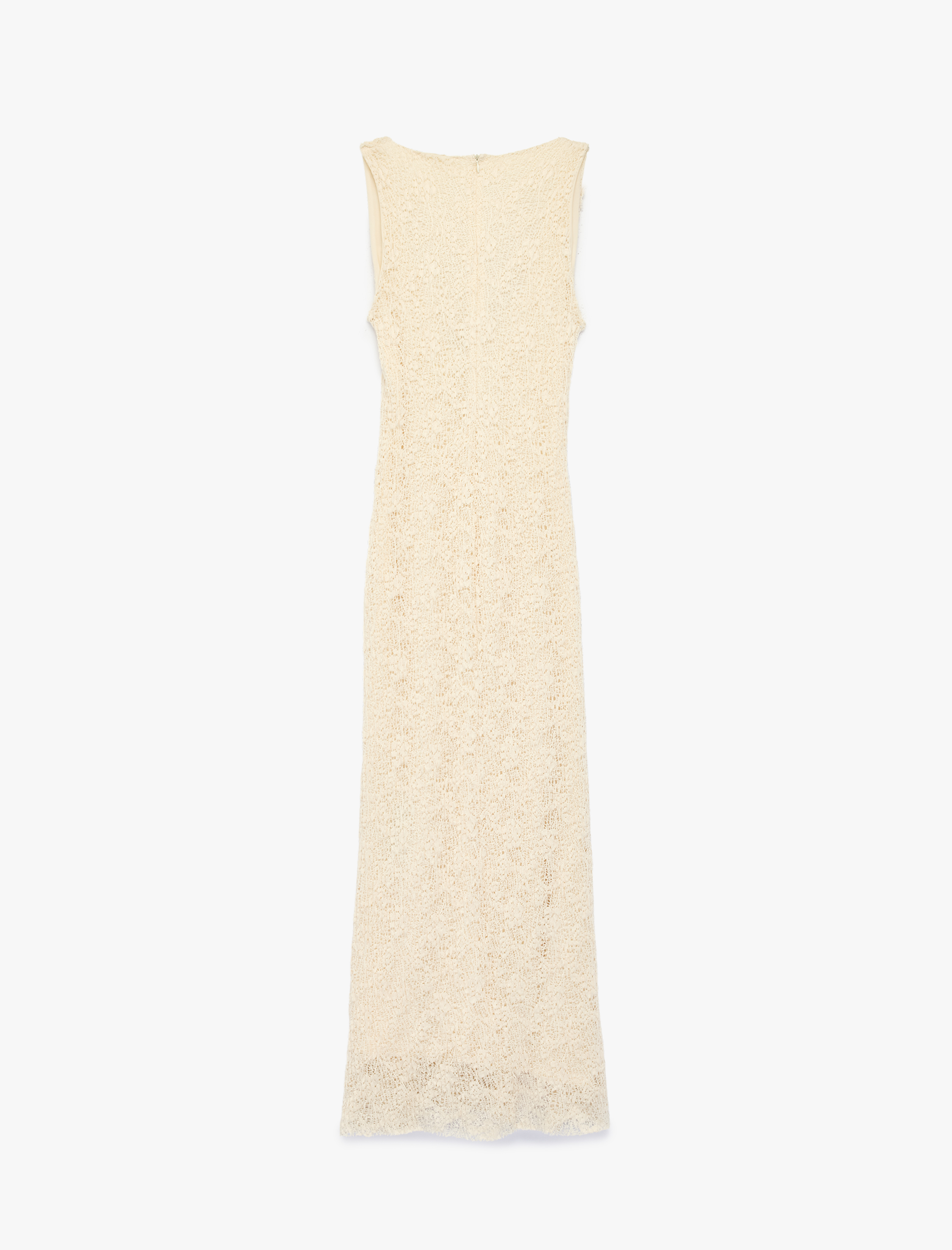   Fırfırlı Bodycon Uzun Dantelli Elbise Bağcıklı V Yaka Kolsuz Yırtmaçlı