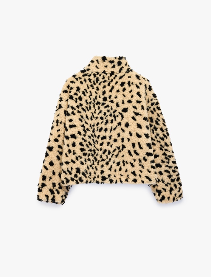  Rahat Kalıp Dik Yaka Cepli Yarım Fermuarlı Peluş Leopar Sweatshirt
