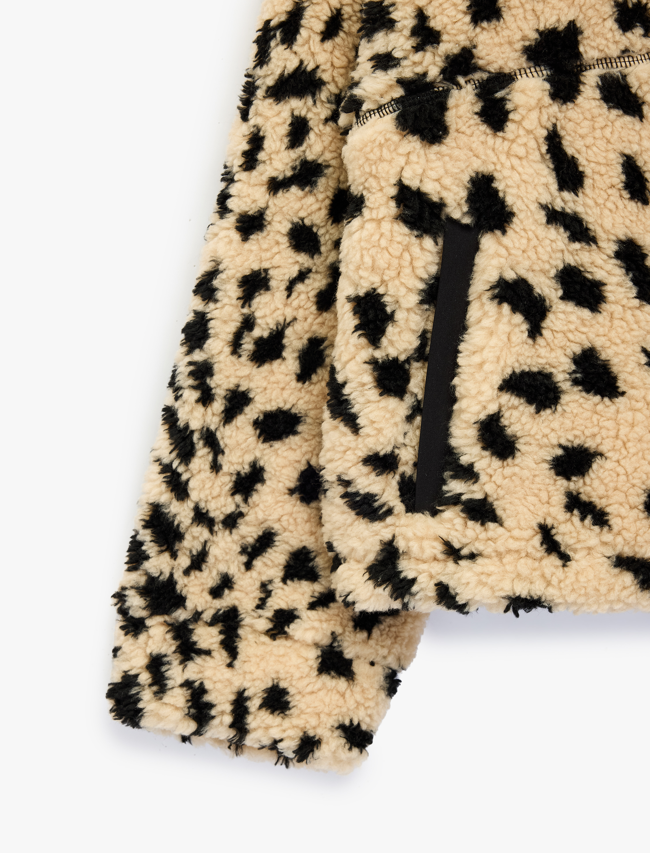   Rahat Kalıp Dik Yaka Cepli Yarım Fermuarlı Peluş Leopar Sweatshirt