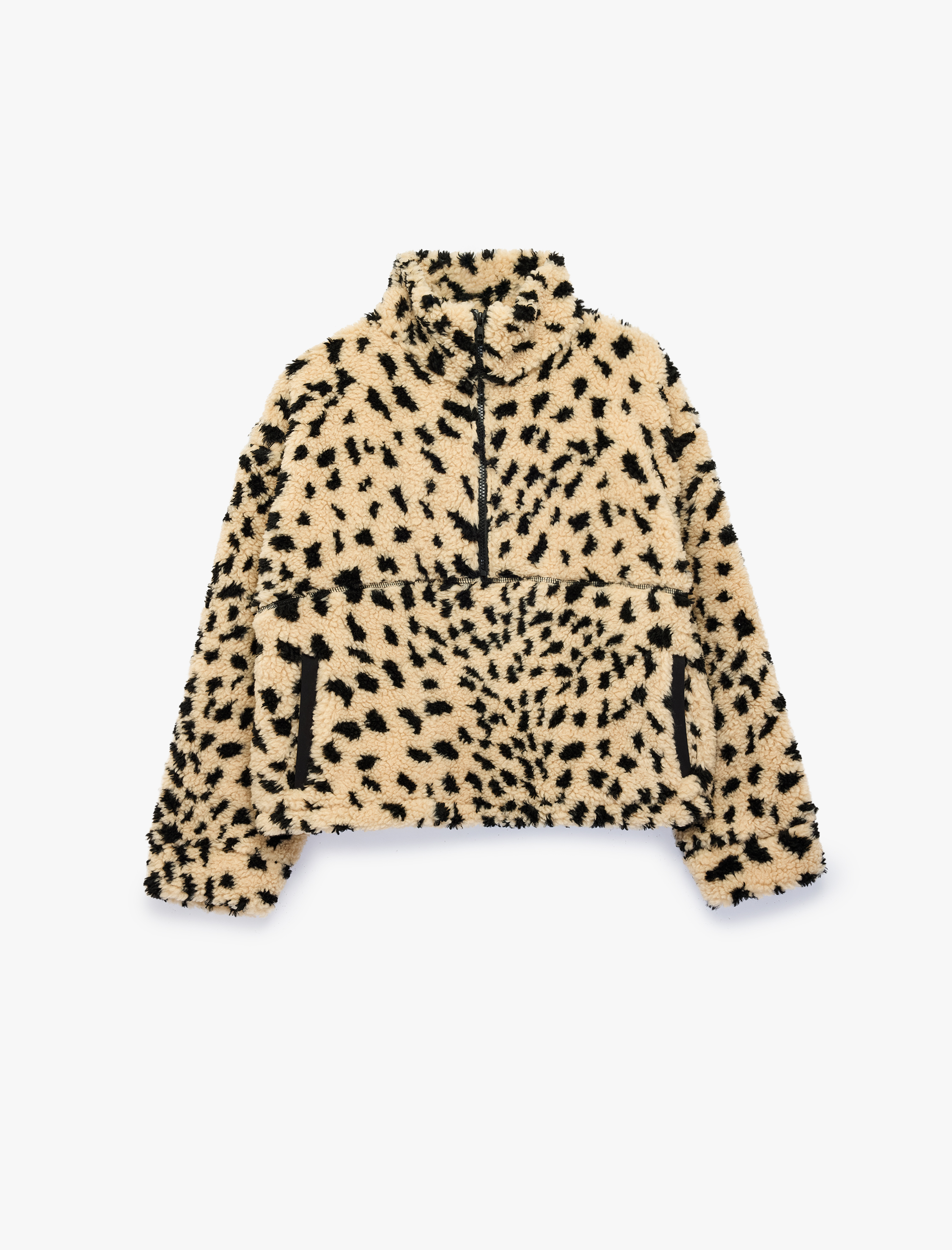   Rahat Kalıp Dik Yaka Cepli Yarım Fermuarlı Peluş Leopar Sweatshirt