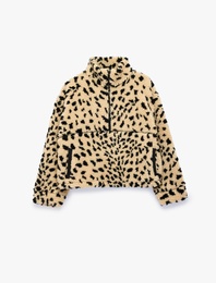 Rahat Kalıp Dik Yaka Cepli Yarım Fermuarlı Peluş Leopar Sweatshirt