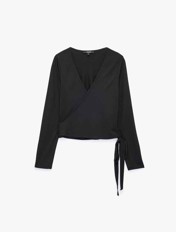  Modal Karışımlı Slim Fit V Yaka Uzun Kollu Crop Bağlamalı Kruvaze Spor Tişört