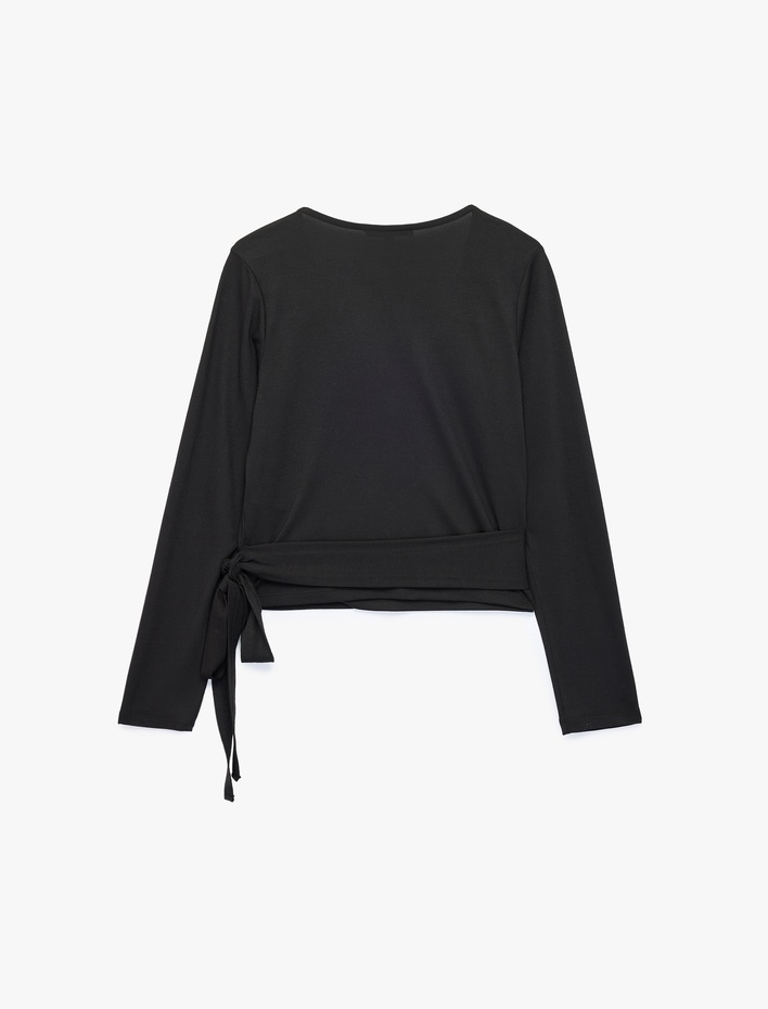  Modal Karışımlı Slim Fit V Yaka Uzun Kollu Crop Bağlamalı Kruvaze Spor Tişört