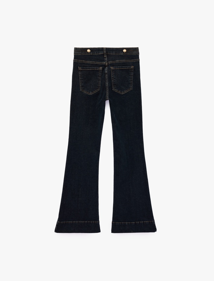  Dar Kesim Cepli Düğmeli Nervürlü İspanyol Paça Denim Pantolon - Flare Jeans
