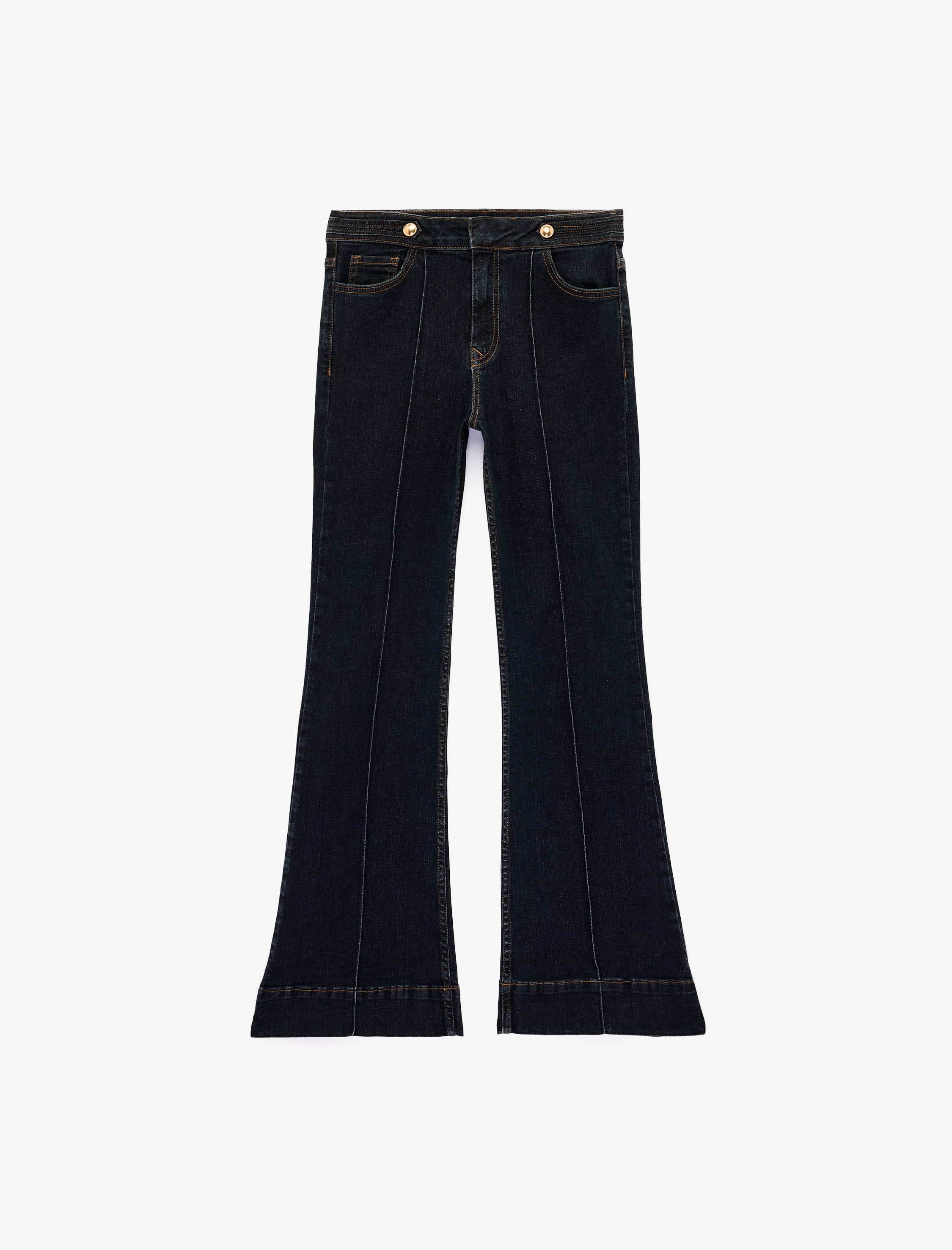   Dar Kesim Cepli Düğmeli Nervürlü İspanyol Paça Denim Pantolon - Flare Jeans