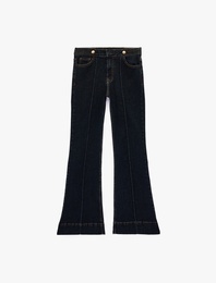 Dar Kesim Cepli Düğmeli Nervürlü İspanyol Paça Denim Pantolon - Flare Jeans