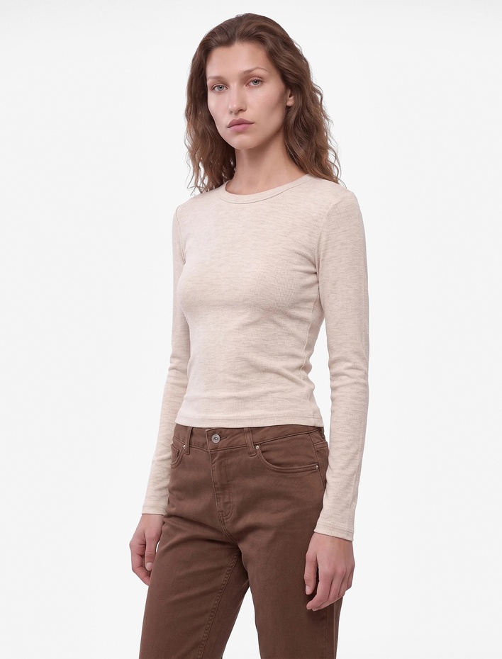  Slim Fit Kaşkorse Pamuk Karışımlı Bisiklet Yaka Uzun Kollu Basic Tişört