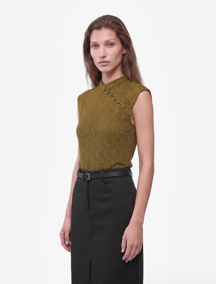  Slim Fit Dik Qipao Yaka Kolsuz Düğmeli Dantelli Bluz
