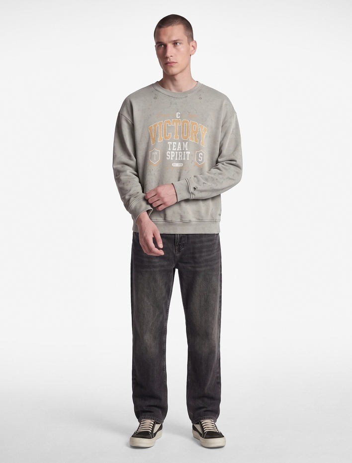  Üç İplik Şardonlu Rahat Kalıp Yıkamalı Bisiklet Yaka Baskılı Sweatshirt
