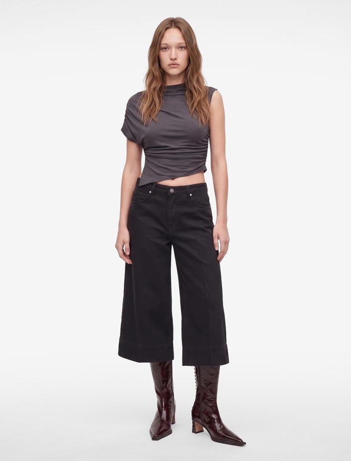  Normal Bel Rahat Kalıp Cepli Kısa Geniş Paça Denim Pantolon - Culotte Jeans