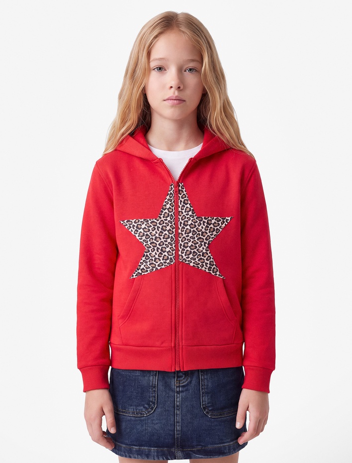 Kız Çocuk Leopar Desenli Yıldızlı Uzun Kollu Şardonlu Fermuarlı Kapşonlu Sweatshirt