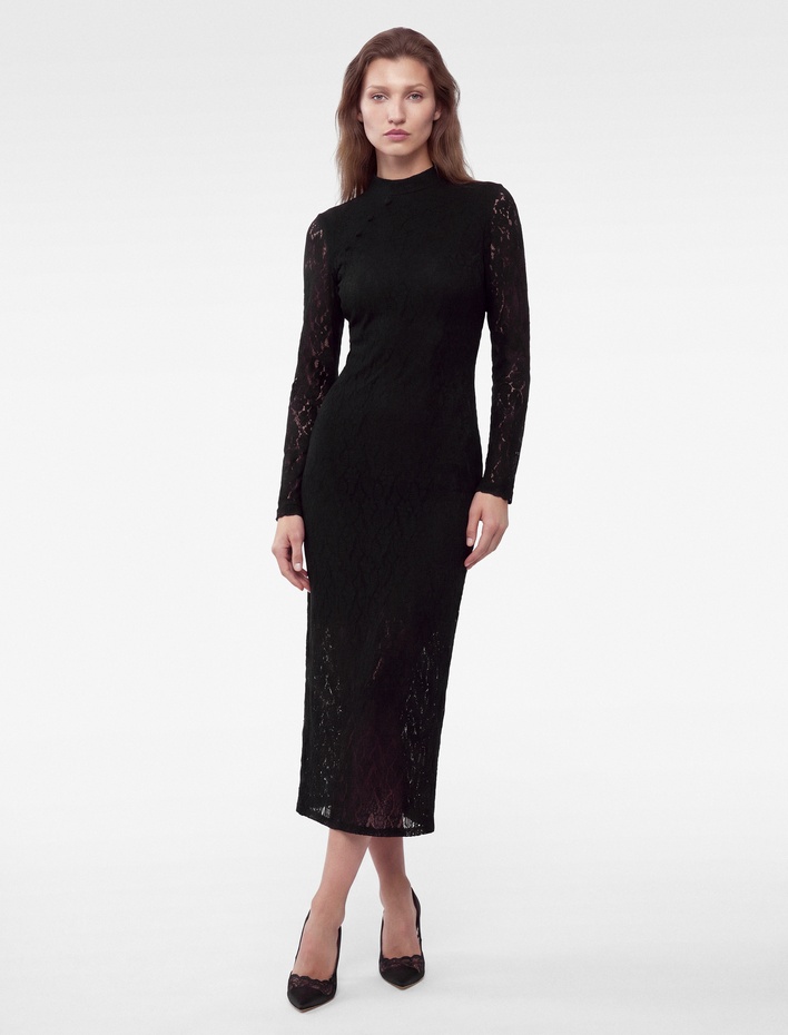  Slim Fit Uzun Kollu Dik Yaka Uzun Dantel Elbise