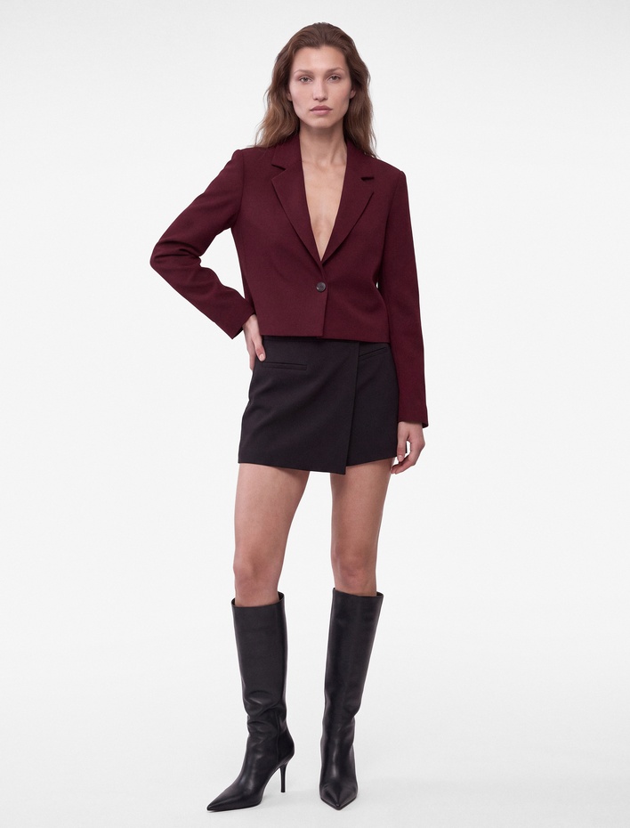  Klasik Yaka Uzun Kollu Mürdüm Rengi Crop Blazer Ceket