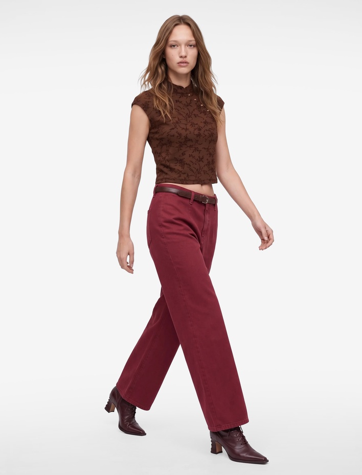  Pamuklu Geniş Paça Kemerli Crop Pantolon - Wide Leg Jeans