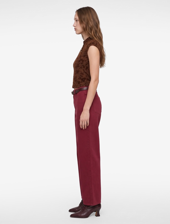  Pamuklu Geniş Paça Kemerli Crop Pantolon - Wide Leg Jeans