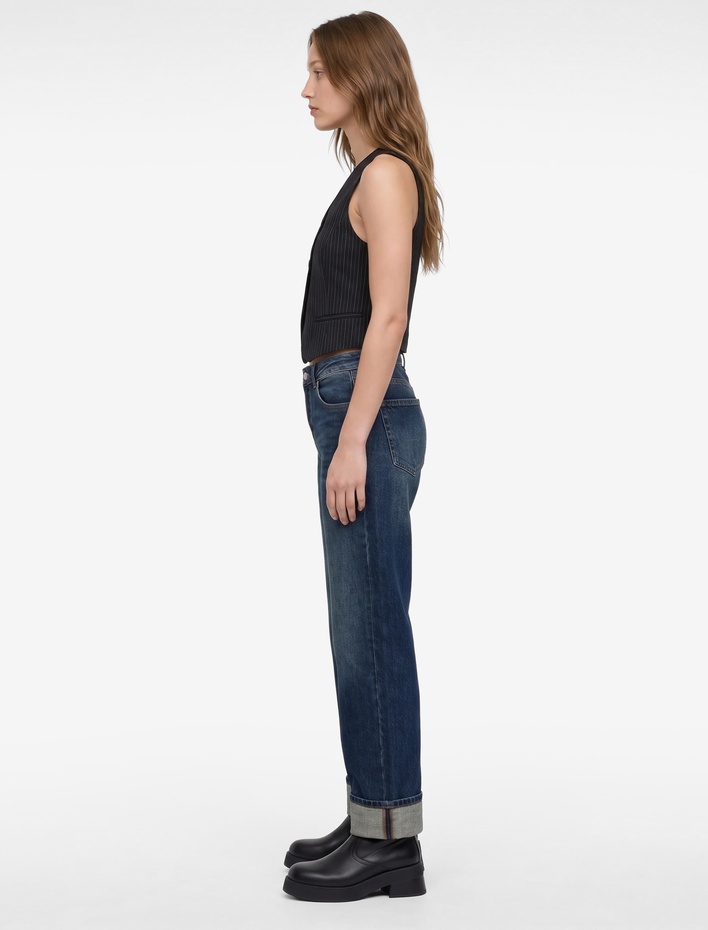  Pamuklu Normal Bel Cepli Uzun Düz Katlı Paça Denim Pantolon - Straight Fit Jean