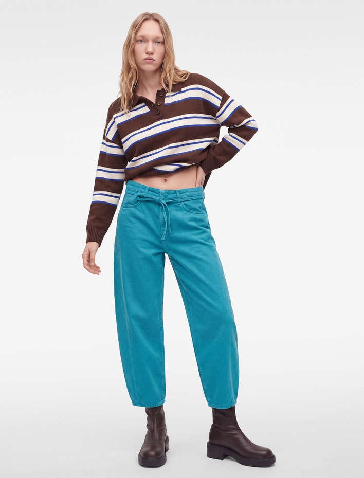  Kemerli Cepli Normal Bel Rahat Kalıp Balon Fit Barrel Pantolon - Barrel Jeans