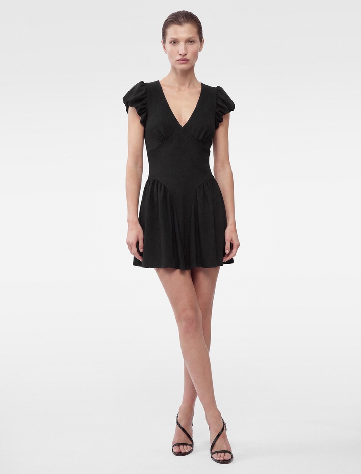  Slim Fit Volanlı Kısa Balon Kol V Yaka Dokulu Mini Elbise