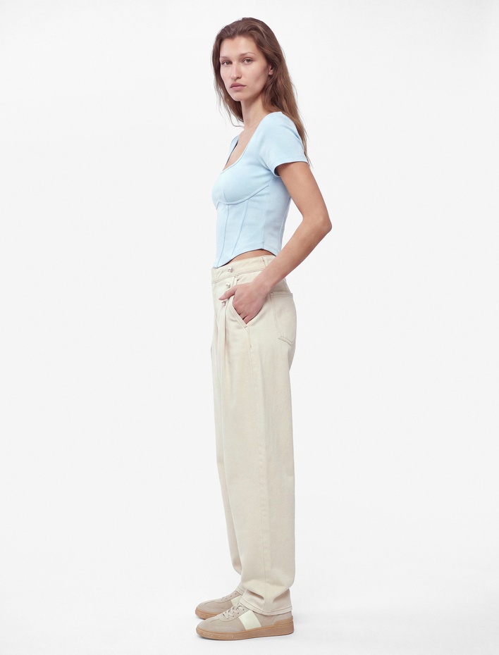  Balenli Slim Fit Korse Detaylı Kare Yaka Kısa Kollu Crop Tişört