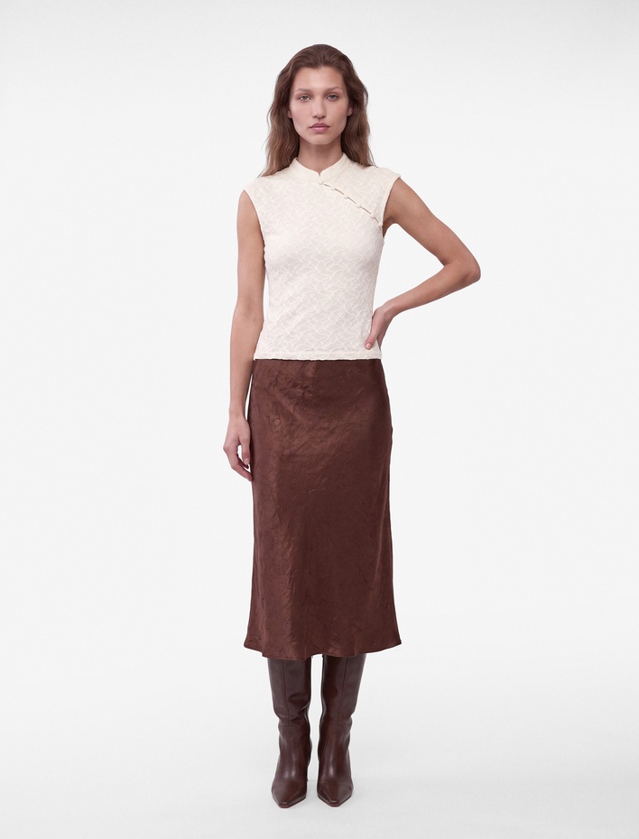  Slim Fit Dik Qipao Yaka Kolsuz Düğmeli Dantelli Bluz