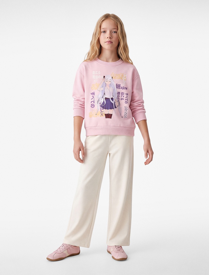 Kız Çocuk Baskılı Uzun Kollu Bisiklet Yaka Şardonlu Sweatshirt